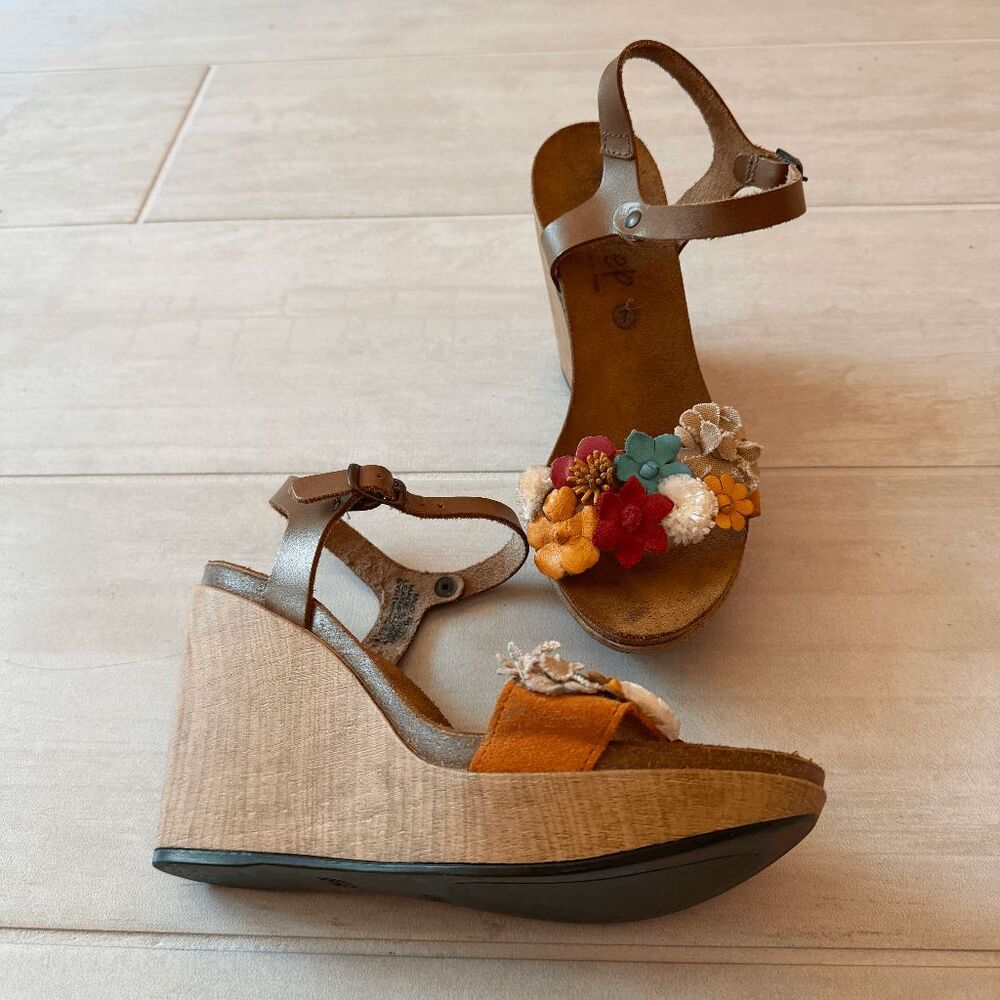 Biostep Leather Wedges Floral Multicolor Sandals Platform 4" Cottage Boho 7.5